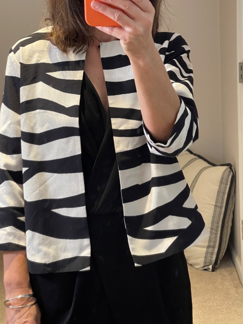 chico's formal/work collarless blazer zebra print black/white size 0